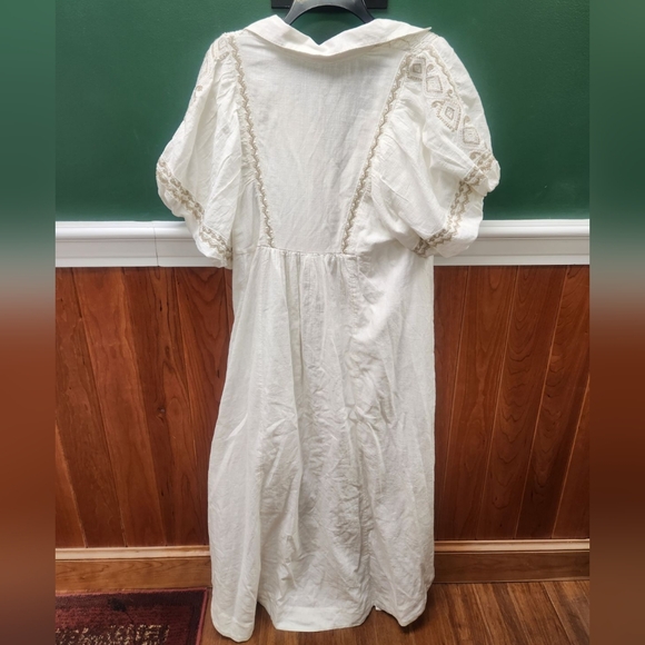 FREE PEOPLE Ivory Samantha Embroidered Maxi Cotton Shirt-Dress Billowy Sleeve L - Picture 9 of 11